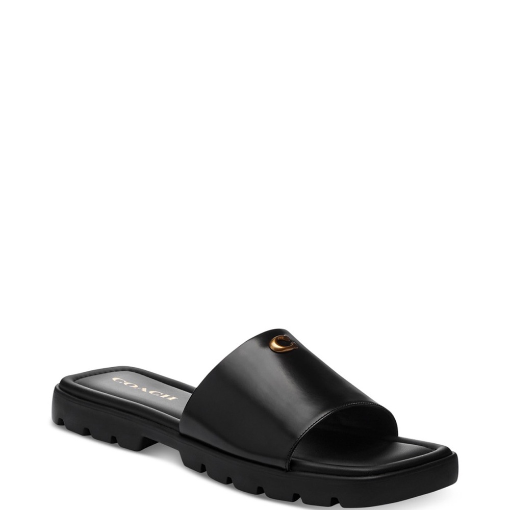 Coach Black Leather Slide Sandals